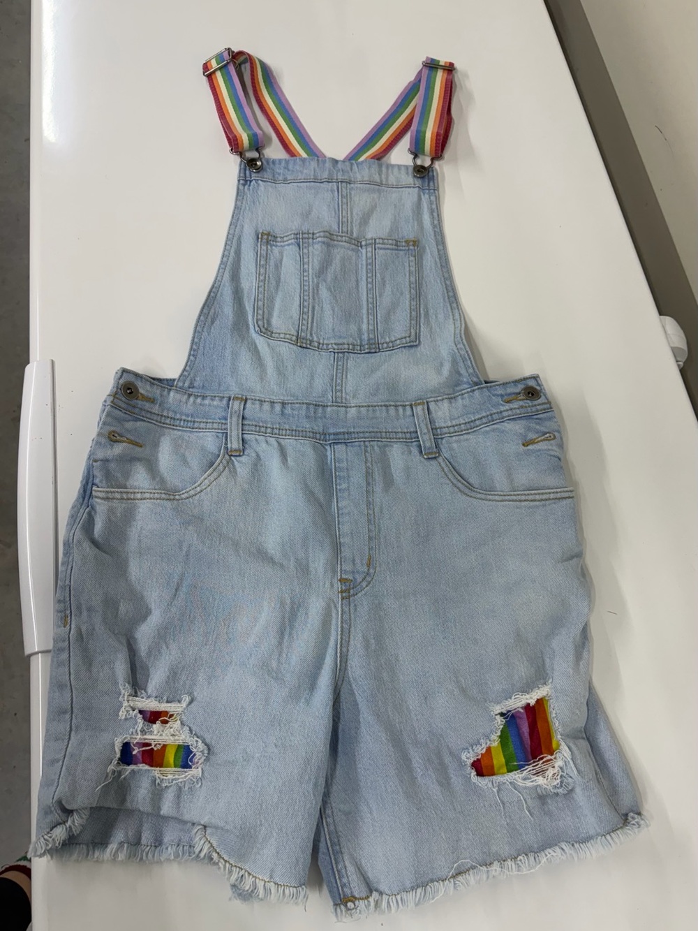 Light Wash Denim Short Overalls with Rainbow Straps